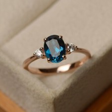 Three Stone Natural Blue Topaz Ring 925 Sterling Silver Rose Gold Plated Ring