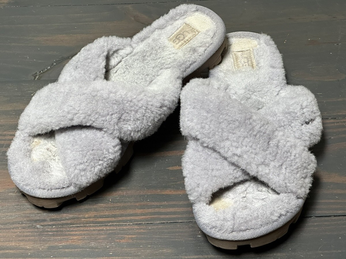 UGG Womens Fuzzette Slide Slippers Gray Criss Cross Faux Fur Slip
