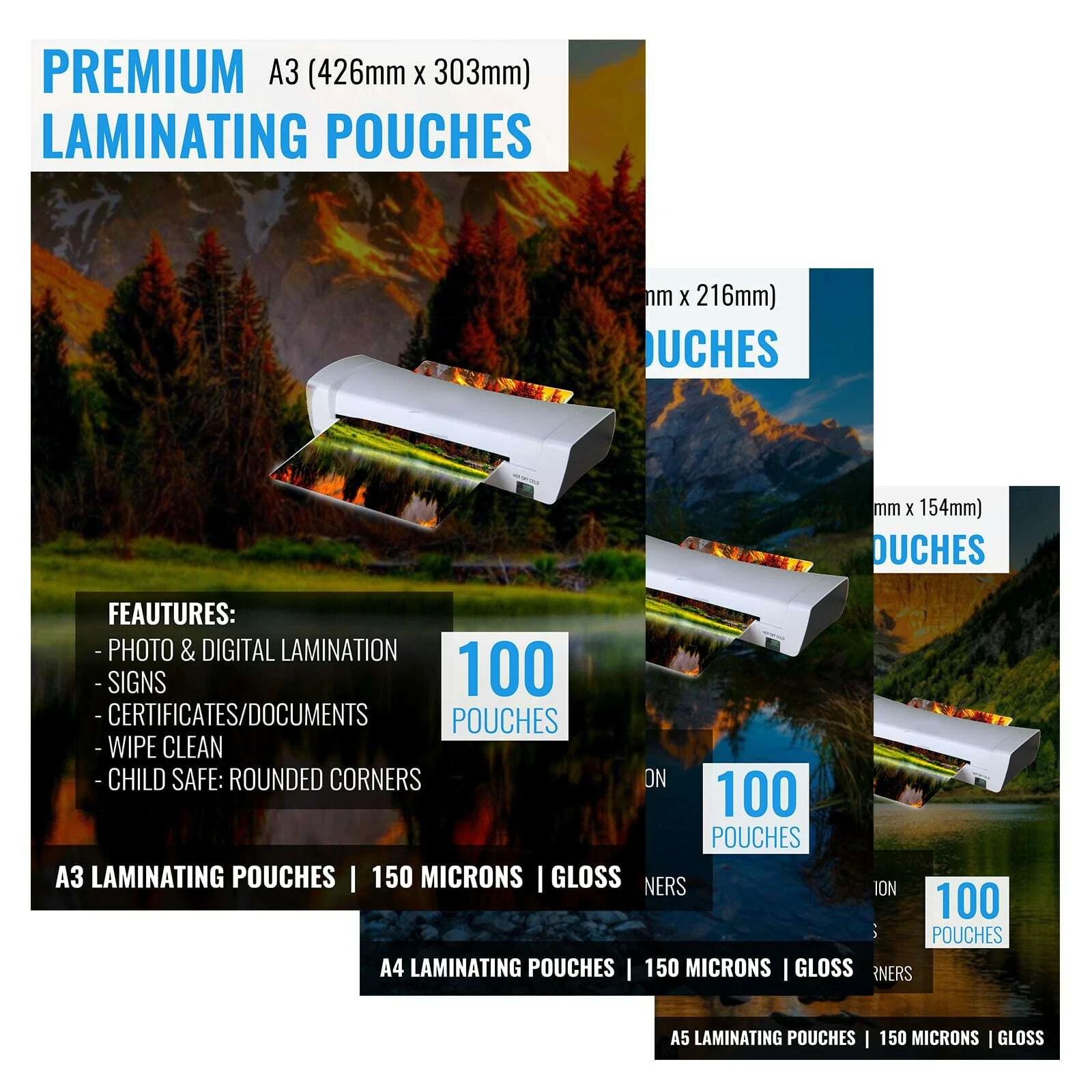 A3 A4 A5 Laminating Pouches 150 Micron Gloss - Premium Laminator Sheets