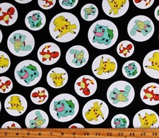 Cotton Pokemon Video Games Characters Circles Black Fabric Print by Yard D187.31