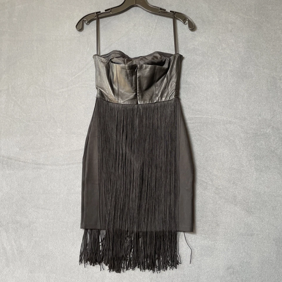 Vestido Blaque Label Negro Cordero Cuero Flecos Talla XS Negro Noche Sin Tirantes Mini Foto 4 de 4