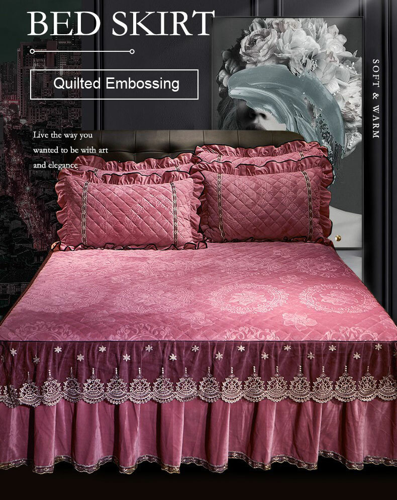 European Lace Velvet Bedspread Ruffle Bedskirt Queen King Quilted Bed