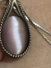 Pink Moonglow Glass Teardrop Silver Slide pendant 17” and chain Necklace.