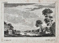 Johannes Esaias Nilson paesaggio fluviale mulino a vento secondo incisione su rame di Gignoux 18. secolo