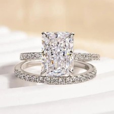 4.00 CT Radiant Cut Moissanite Engagement Ring Set, Hidden Halo, Half Eternity