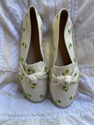 Talbots Izzy Knotted Lemon Print Espadrilles Slip On Flats Summer Canvas NWOT 10
