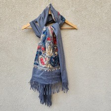 Artisan Scarf Hand Embroidered Floral Gray Cashmere Fringe Shawl Wrap