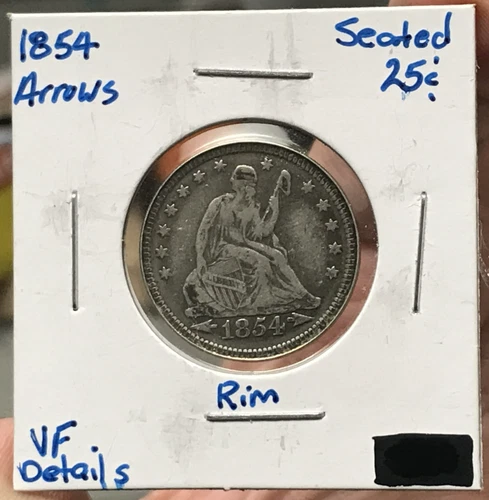 1854 Arrows 25C Silver Liberty Seated Quarter Dollar VF Details Flattened Rim