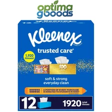 Kleenex Trusted Care 2-Ply Facial Tissues, 12 Boxes – 160 Tissues Each.