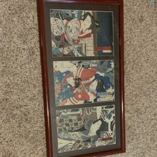 Lot de 3 estampes sur bois triptyque japonais encadrées style ukiyo-e