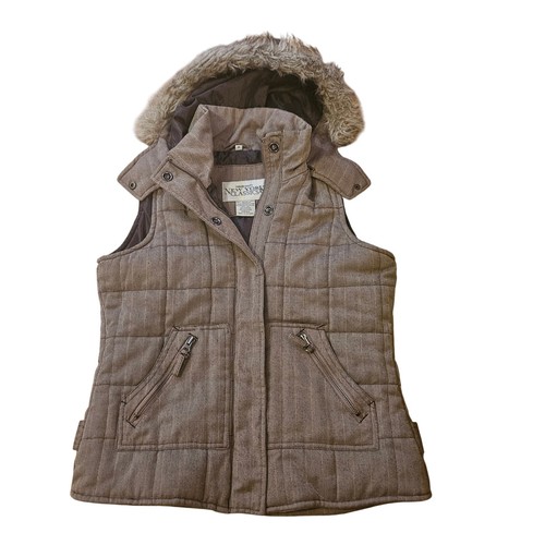 New York Classics Womens Herringbone Quilted Vest Faux Fur Hooded