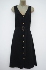 PEACOCKS BLACK BUTTON FRONT LINEN MIX MIDI SUN TEA DRESS SIZE 14 BELTED