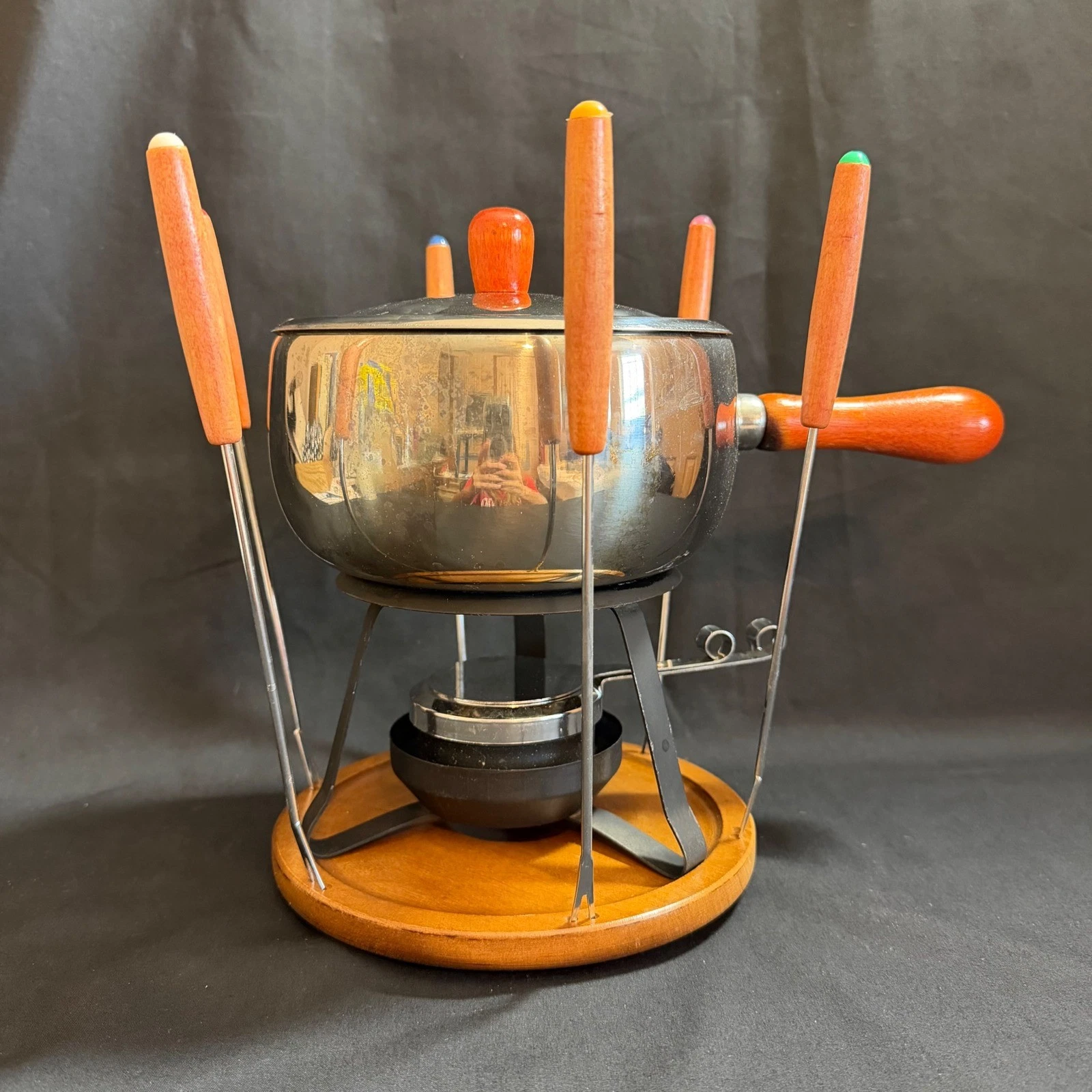 Vintage Fondue Set Stainless Steel Wood Base 6 Forks Sterno Burner MCM Style
Opens in a new window o