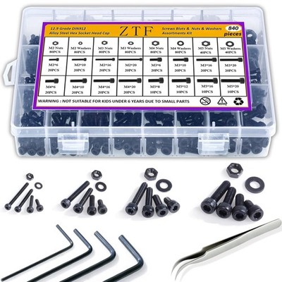 840PCS M2 M3 M4 M5 Socket Head Cap Screws Nuts Assortment Kit with Storage Box,