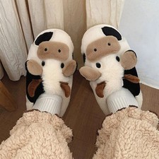 Womens Fuzzy Cow Slippers Cute Cozy Anti Slip Winter Warm Cotton Shoes Animal Gi