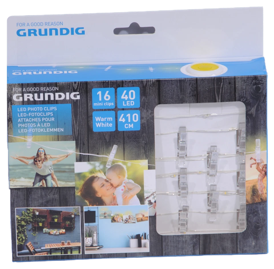 GRUNDIG Clip fotografici con 40 LED ciascuno 16 clip - bianco, alimentato a batteria