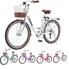 VIRIBUS Women's Bike 24/26 Inch Beach & City Cruiser Bicycle with 7 Speed Mint