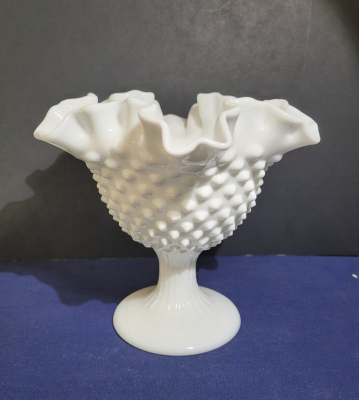 Vintage Fenton Milk Glass Hobnail Ruffled Edge Compote Footed Open Candy Dish