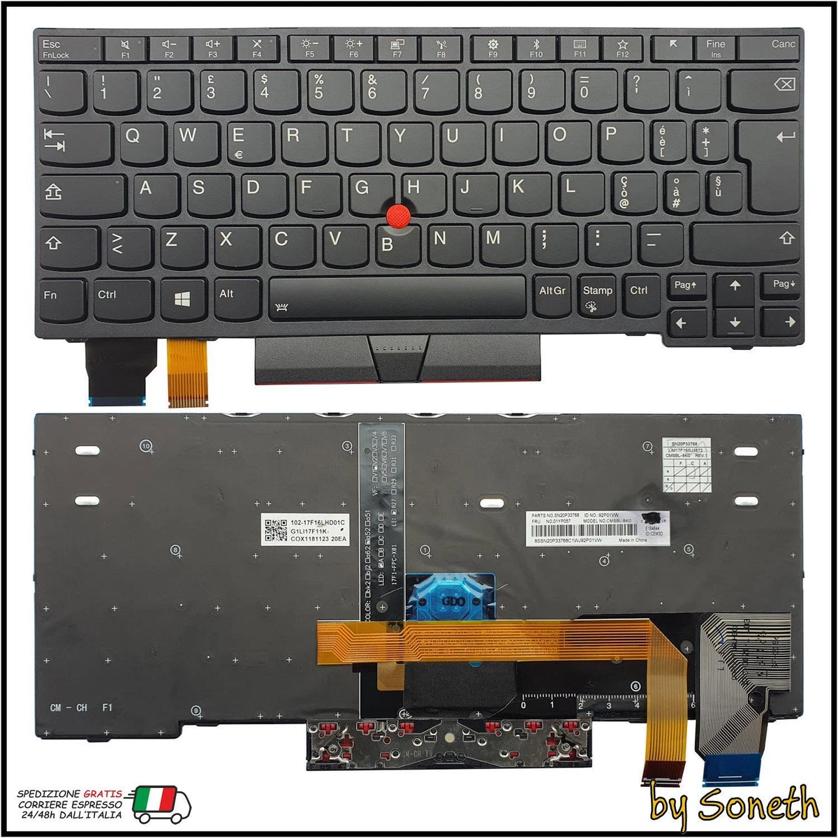 Tastiera Italiana Retroilluminata Per Lenovo ThinkPad T580 – Nera, Layout QWERTY
