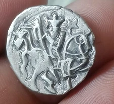 #A37#Indian OHINDA DYNASTY Samanta Deva HORSE -BULL SILVER coin BEAUTIFUL GRADE
