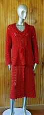 Vintage 2-pc Homemade Hand Crochet Skirt and Blouse Set Size Large Red.