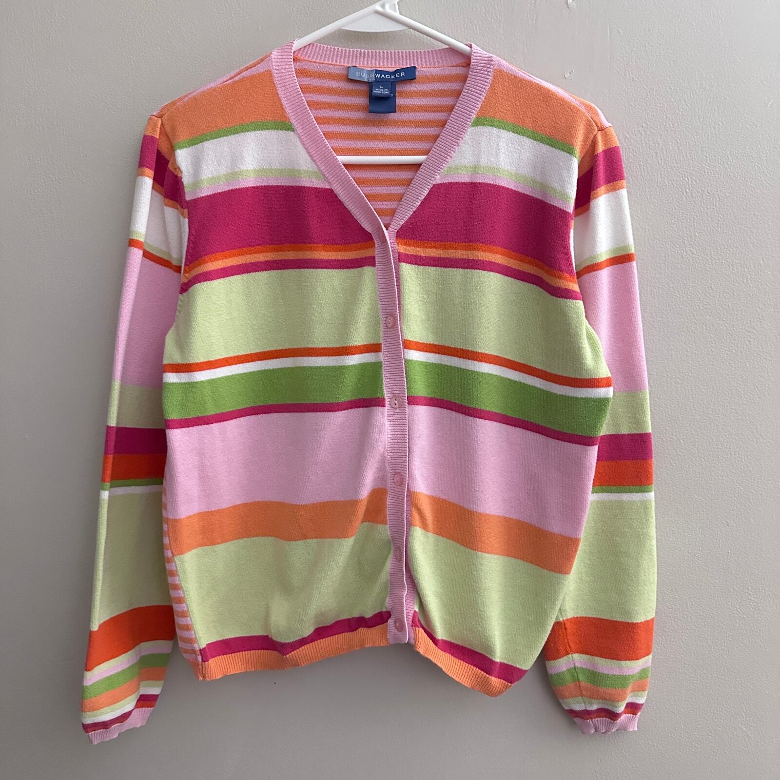 Bushwacker Vintage Stripe Cardigan Sweater Large Button Front Preppy Office Style