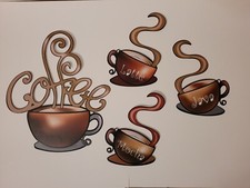Wall Decor Coffee Cups Metal--4 Piece Multi-Colored Coffee, Latte, Jave, Mocha 