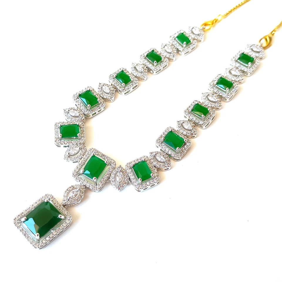 Premium Emerald Necklace jewelry, White plated Necklace, South Indian Necklace - Image 3 of 4