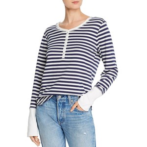 Waffle Knit Striped Henley Top Shirt 