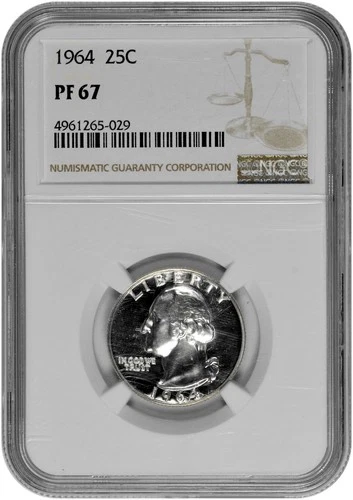1964 25C US Silver Washington Proof Quarter NGC Graded PF 67 with Light Cameo