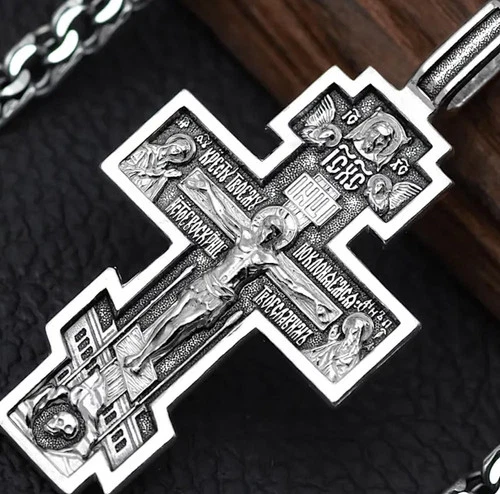 Christian cross pendant Russian Greek Orthodox handmade silver 925 faith jewelry