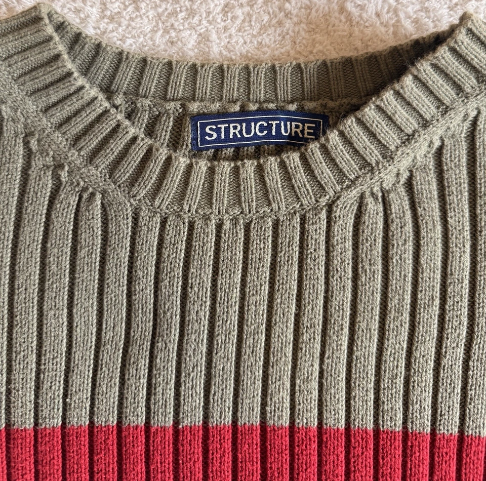 Vintage Structure Men's Crewneck Ribbed Sweater Size XL Green With Red Stripe - Image 4 of 4