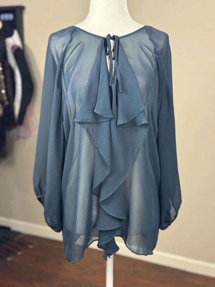 AQUA Sheer Blue Ruffle Blouse Womens M Long Sleeve Chiffon Top Romantic Boho - Image 3 of 4