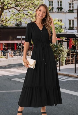 INSPIRE CHIC Women's V Neck Half-Sleeve Drawstring Waisted Tiered Slit A-Line Maxi Dress with Pockets Black Small INSPIRE CHIC Women's V Neck Half-Sleeve Drawstring Waisted Tiered Slit A-Line Maxi Dress with Pockets Black Small