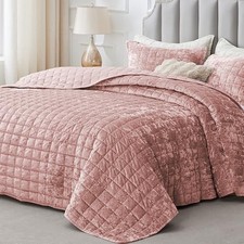 Velvet Quilt Set Queen Size - Luxury Full/Queen 88"x92" Shiny Dusty Pink