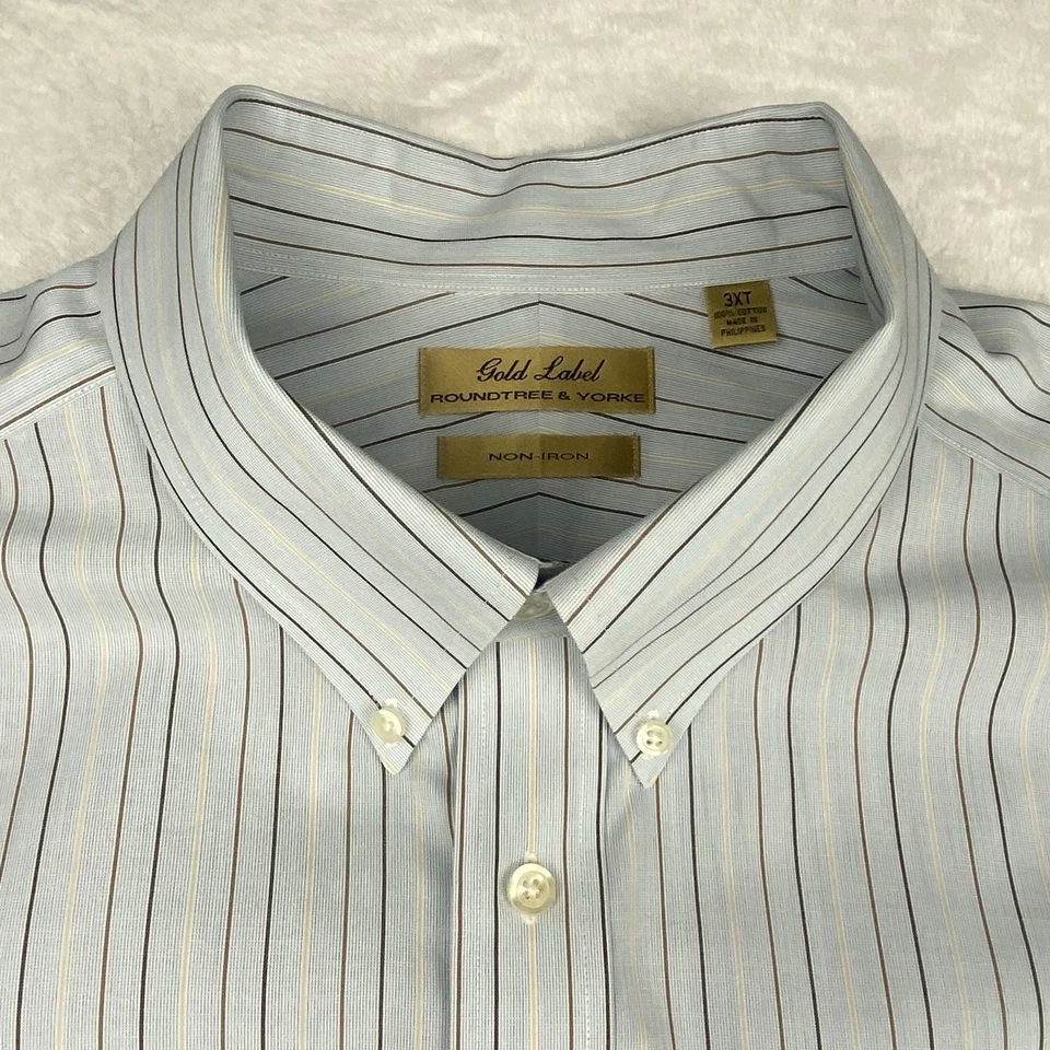 Roundtree & Yorke Gold Label Dress Shirt Mens 3XT Blue w/Brown Stripes No Iron - Image 3 of 4