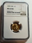 1909 VDB LINCOLN WHEAT CENT NGC MS64 RD NICE COLOR