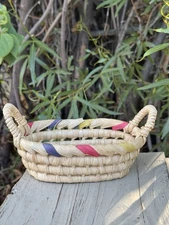 Handmade Small Coil Woven Raffia Basket with Double Handles, Colorful 6”L Boho