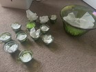 Vintage Green Carnival Glass punch bowl set w/12 cups & 10 clips