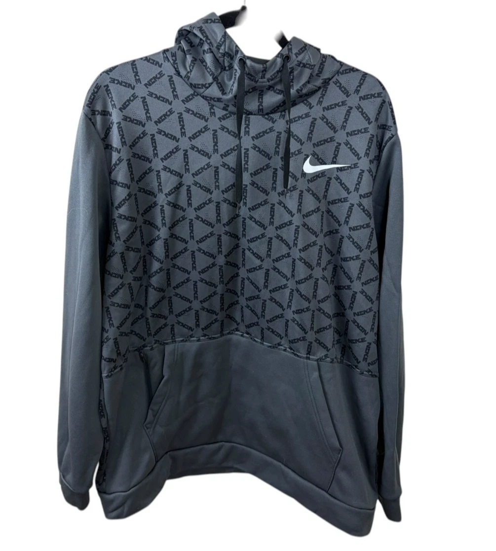 Nike Therma-FIT Hoodie Mens XL Gray All Over Print Fleece Pullover Spell Out