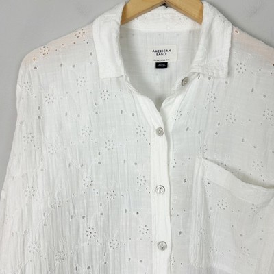American Eagle White Eyelet Embroidered Go Big Shirt Oversized Size Small Womens