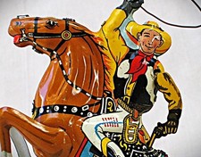 Vintage Wind Up Cowboy with Gun  Lasso on Horse - Marx