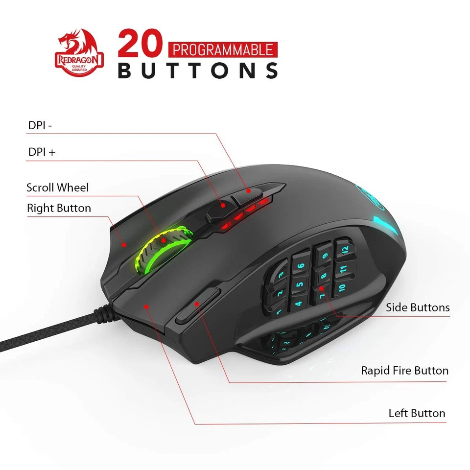 Redragon M908 Impact RGB LED MMO Gaming Mouse, 12 Side Buttons, Optical Wired Er - Image 3 of 4