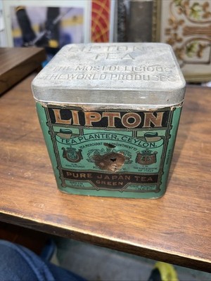 Vintage Lipton Japan Green Tea Tin 1lb Paper Label 1932 planter Ceylon