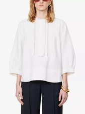 Chloe White Linen/Cotton Blend Top with Lace & Pleated Detailing, Sz 34