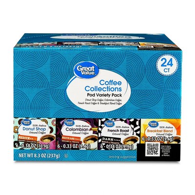 Great Value Unflavored Ground Coffee Pods Variety (Pack  8.3 oz  24 Count)