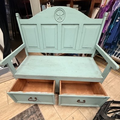 Antique Painted Blue Wood Storage Bench w/ Arms, 2 Drawers 44x18x34
