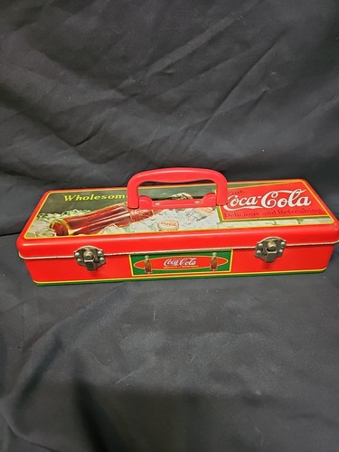 Coca Cola 11.25" Lunch Tool Pencil Box Case Tin Double Latch Handle VTG RARE HTF