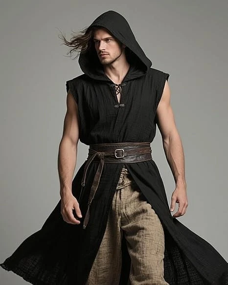 L'VOW Men's Medieval Hooded Surcoat Renaissance Tabard Sleeveless Tunic... - Image 2 of 4