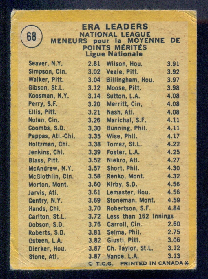 1971 TOPPS OPC O PEE CHEE #68 ERA Leaders Tom Seaver Walker Simpson VGEX NY Mets - Image 2 of 2